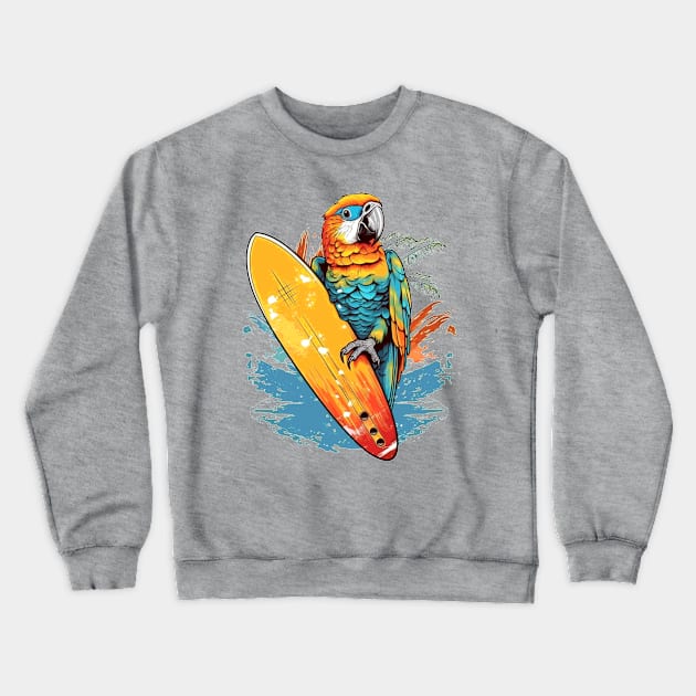 Cool surfing parrot with surfboard Crewneck Sweatshirt by Unelmoija